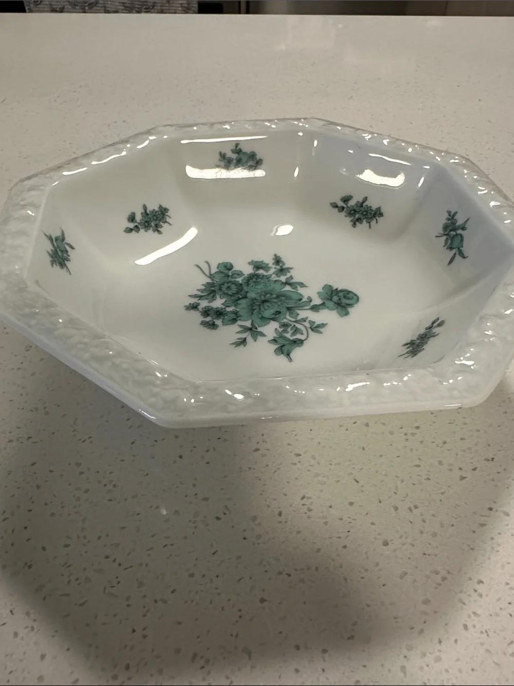 Rosenthal White Octagonal Porcelain Bowl with Green Floral Motif